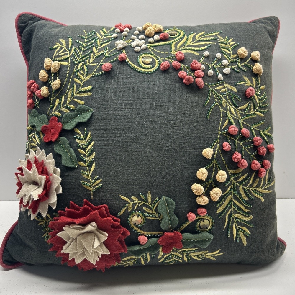 Devi Designs 18x18 Embroidered Floral Throw Pillow Beaded 3D Flowers Boho